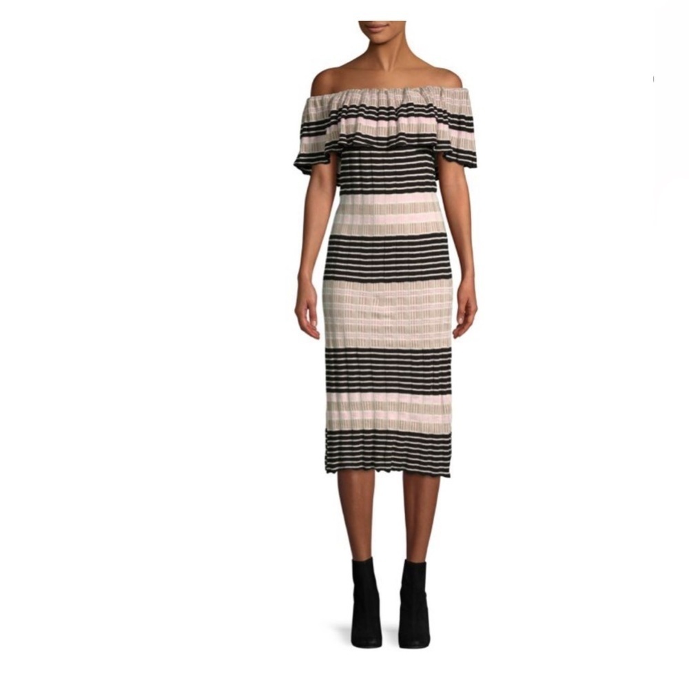 New Free People Womens Off Duty Off-Shoulder Dress, Pink black white stripe knit - Picture 5 of 10